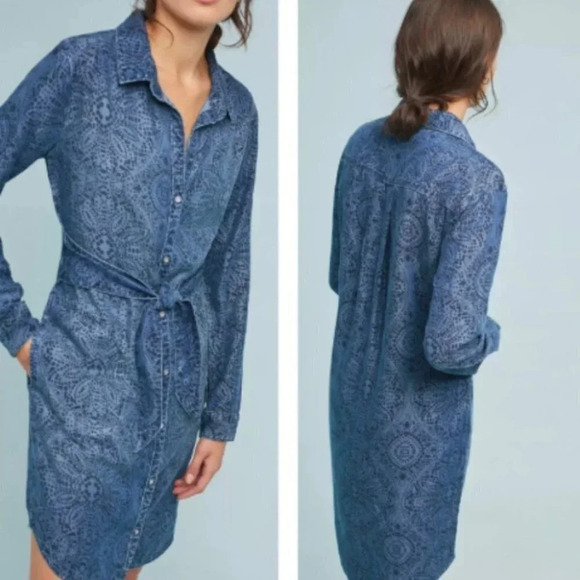 Anthropologie Cloth & Stone Printed Chambray Dress XS - Picture 1 of 14